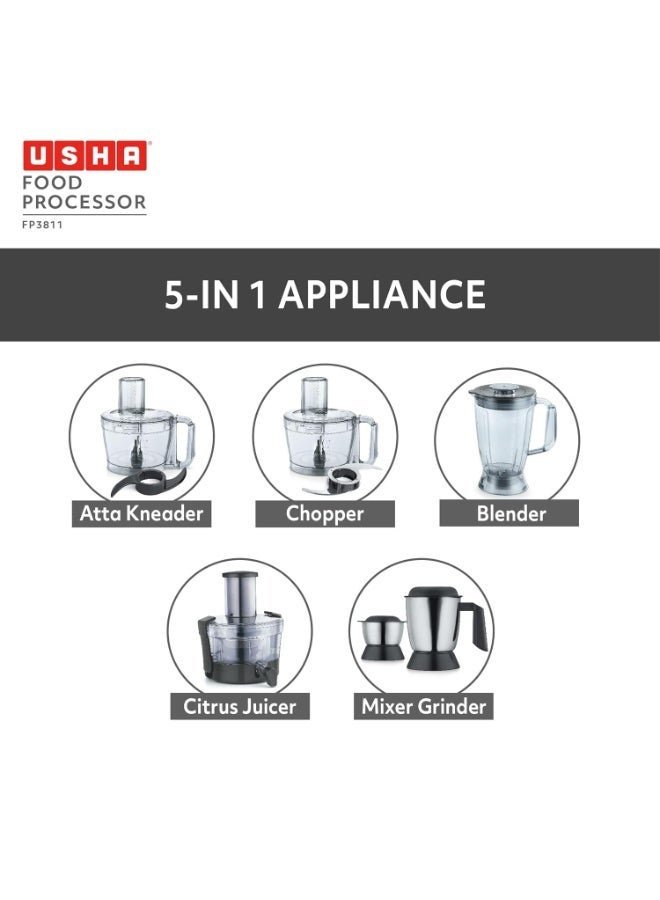 أوشا Usha FP 3811 Food Processor 1000 Watts Copper Motor with 13 Accessories(Premium SS Finish), Black and Steel - Image 3